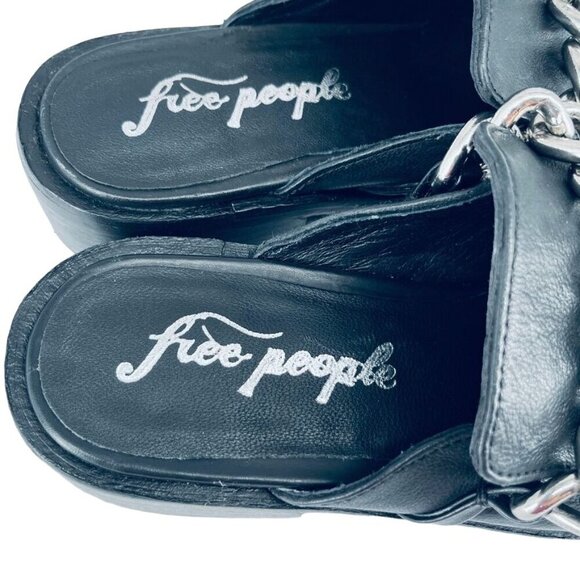 Free People Vida Mules 37 Black Leather Silver Link Chain Slip On Loafer - Picture 9 of 12